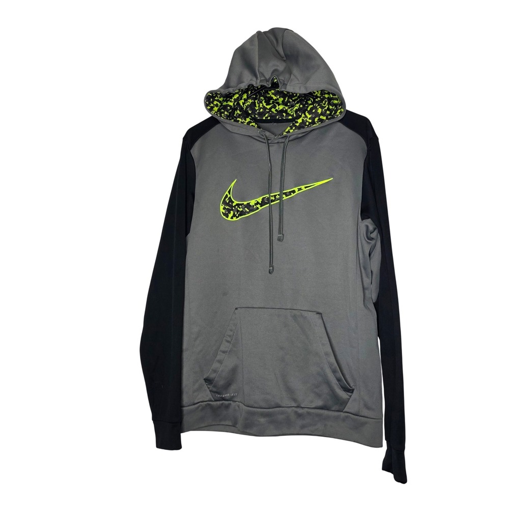 Nike Therma-Fit Hoodie Mens Medium Gray Black Volt Yellow Swoosh Pullover